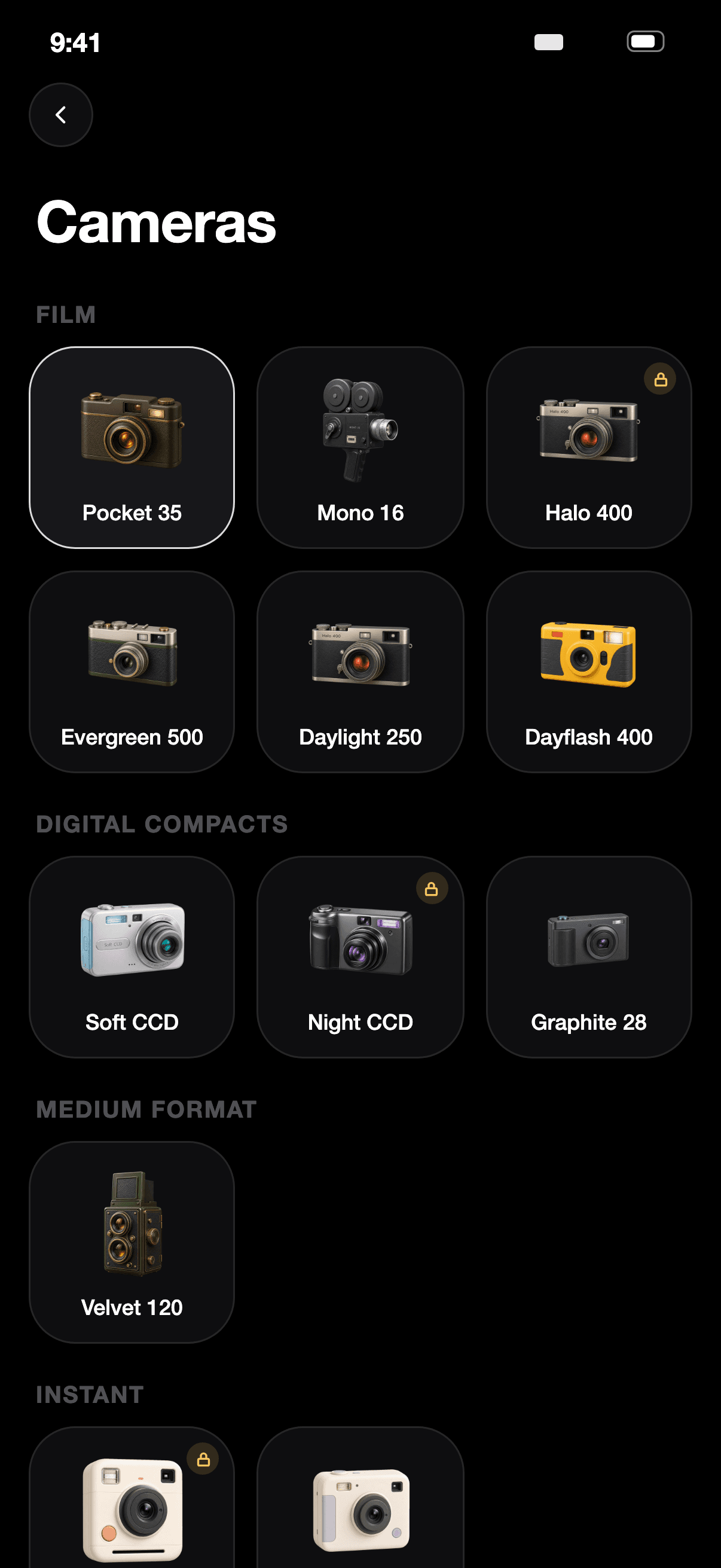 FilmFold camera library showing the available camera bodies